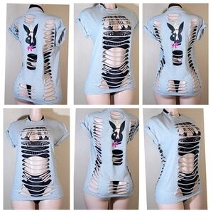 PLAYBOY Gray Custom Distressed Cutout Bunny Graphic Tee